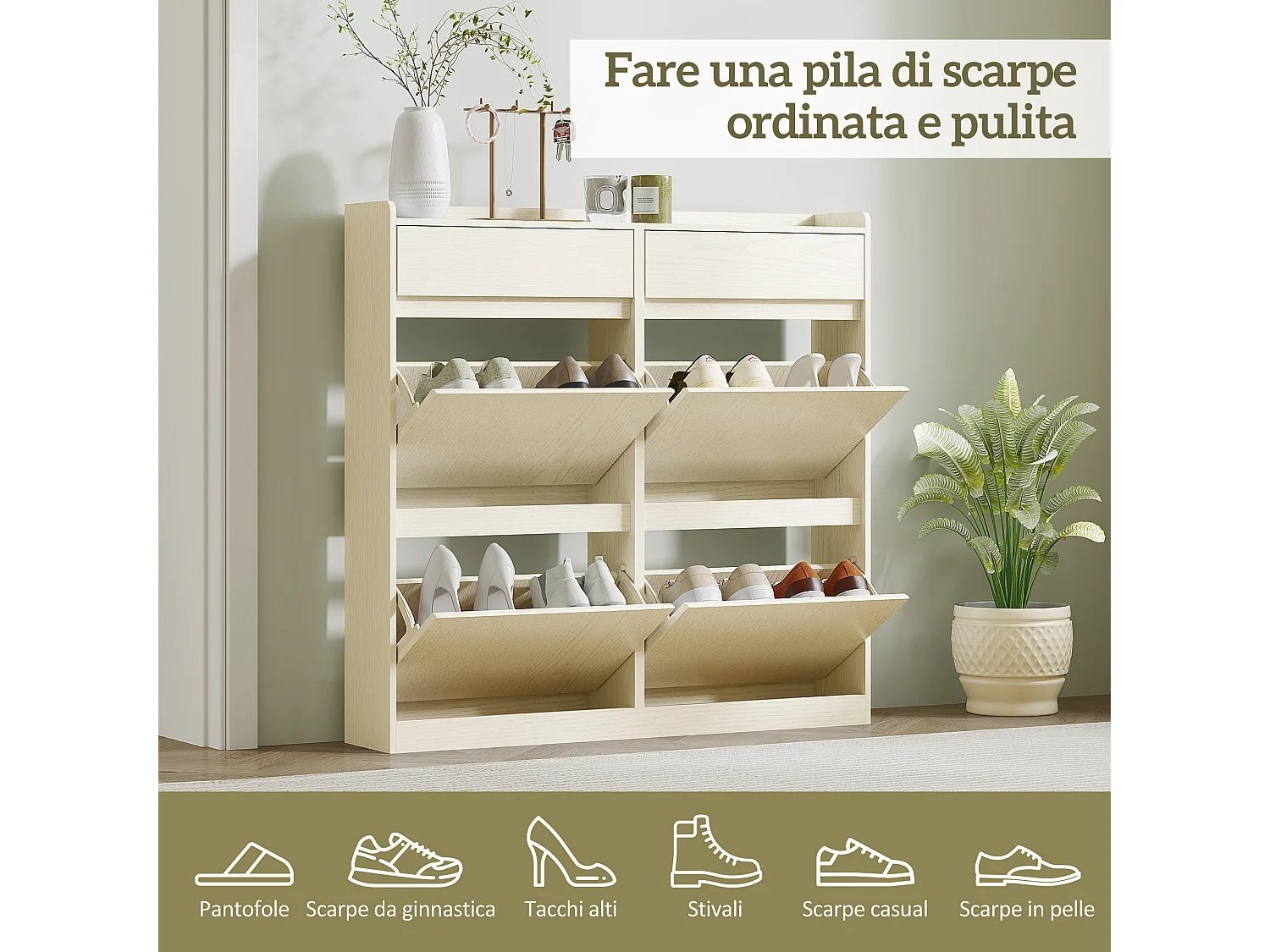 Scarpiera slim con 4 cassetti a ribalta e 2 cassetti scorrevoli bianco