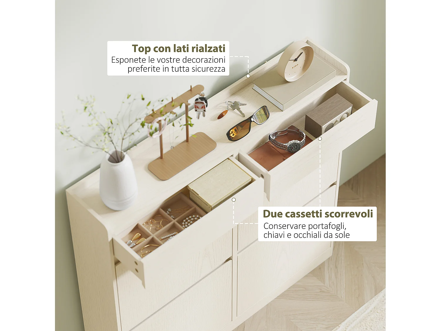 Scarpiera slim con 4 cassetti a ribalta e 2 cassetti scorrevoli bianco