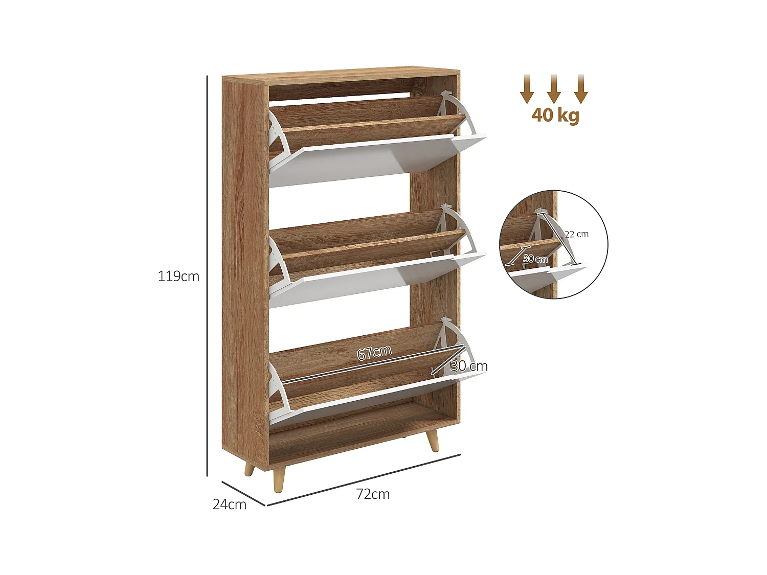 Scarpiera slim a 3 cassetti per 18-24 paia di scarpe bianco