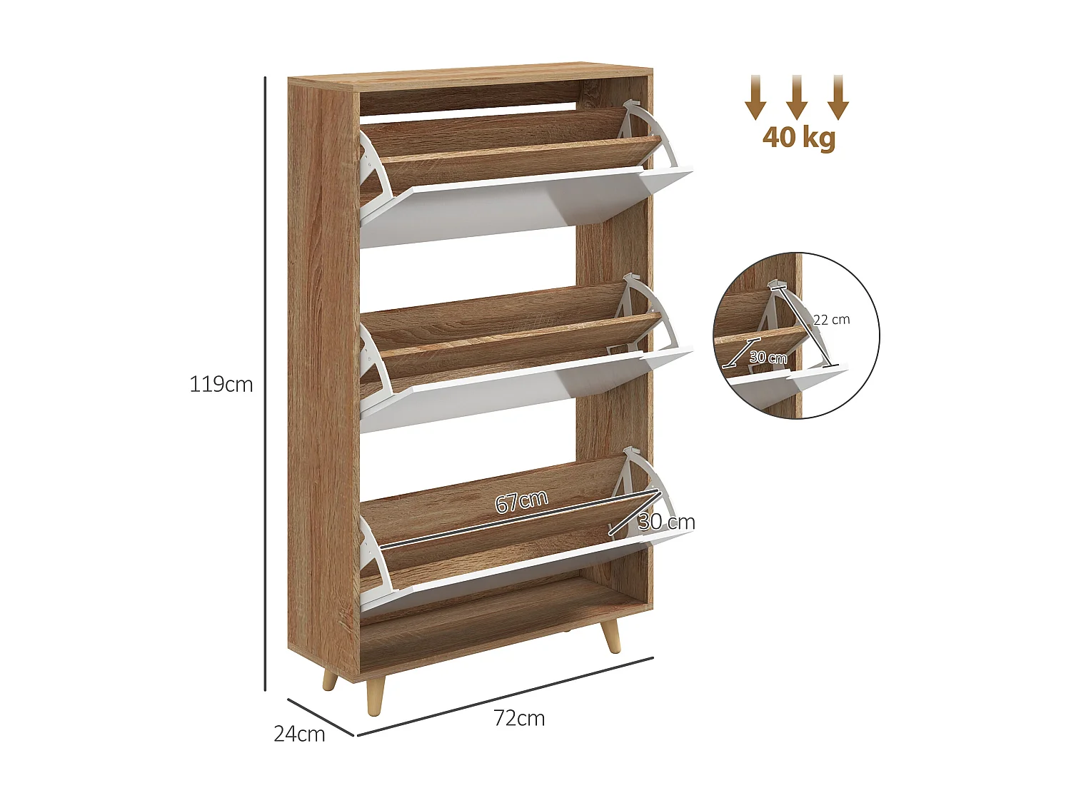 Scarpiera slim a 3 cassetti per 18-24 paia di scarpe bianco
