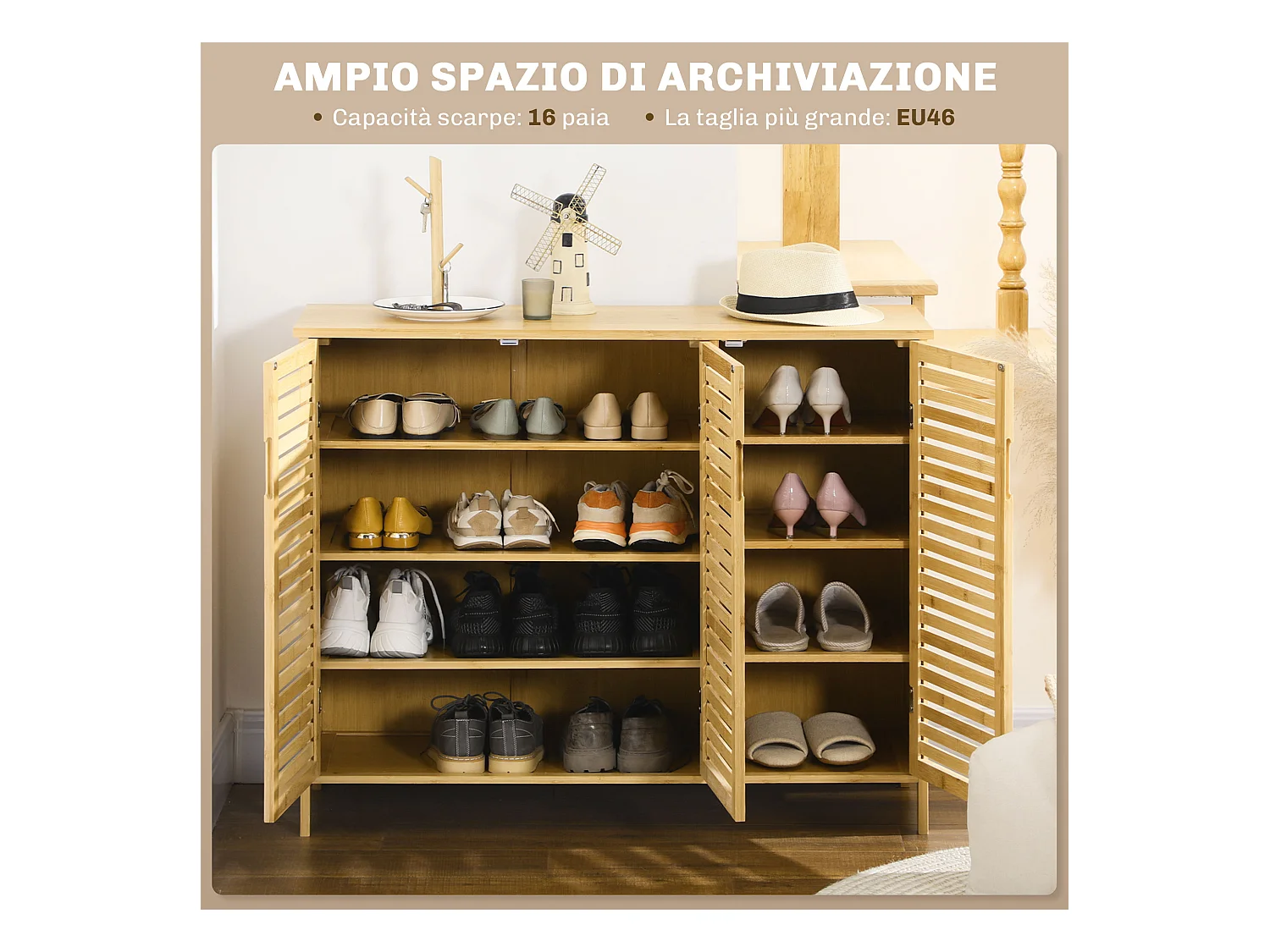 Mobile scarpiera a 8 ripiani su 3 livelli in bambù