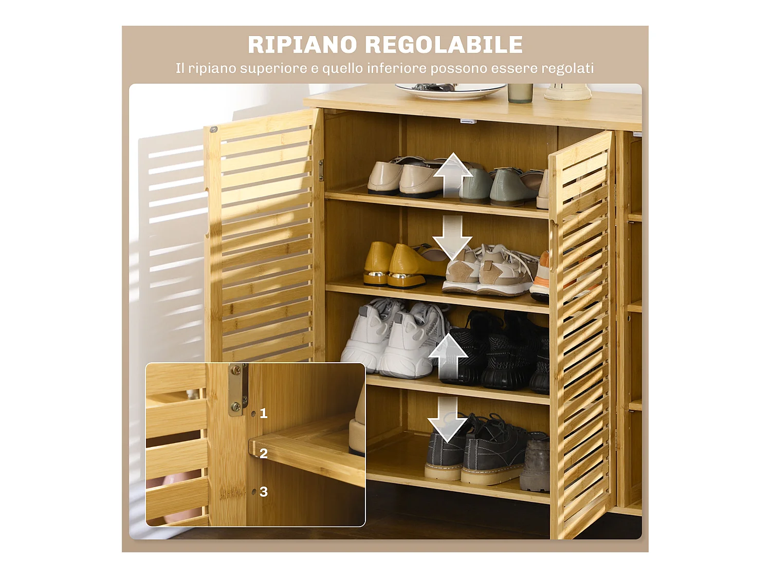 Mobile scarpiera a 8 ripiani su 3 livelli in bambù