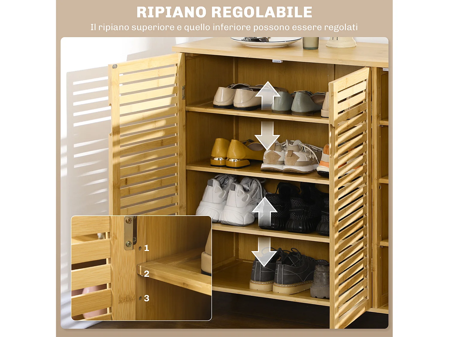 Mobile scarpiera a 8 ripiani su 3 livelli in bambù