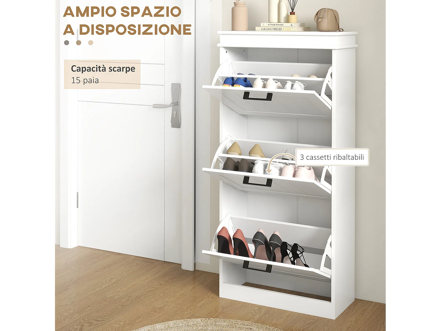 Scarpiera salvaspazio con 3 cassetti per 15 paia di scarpe bianco