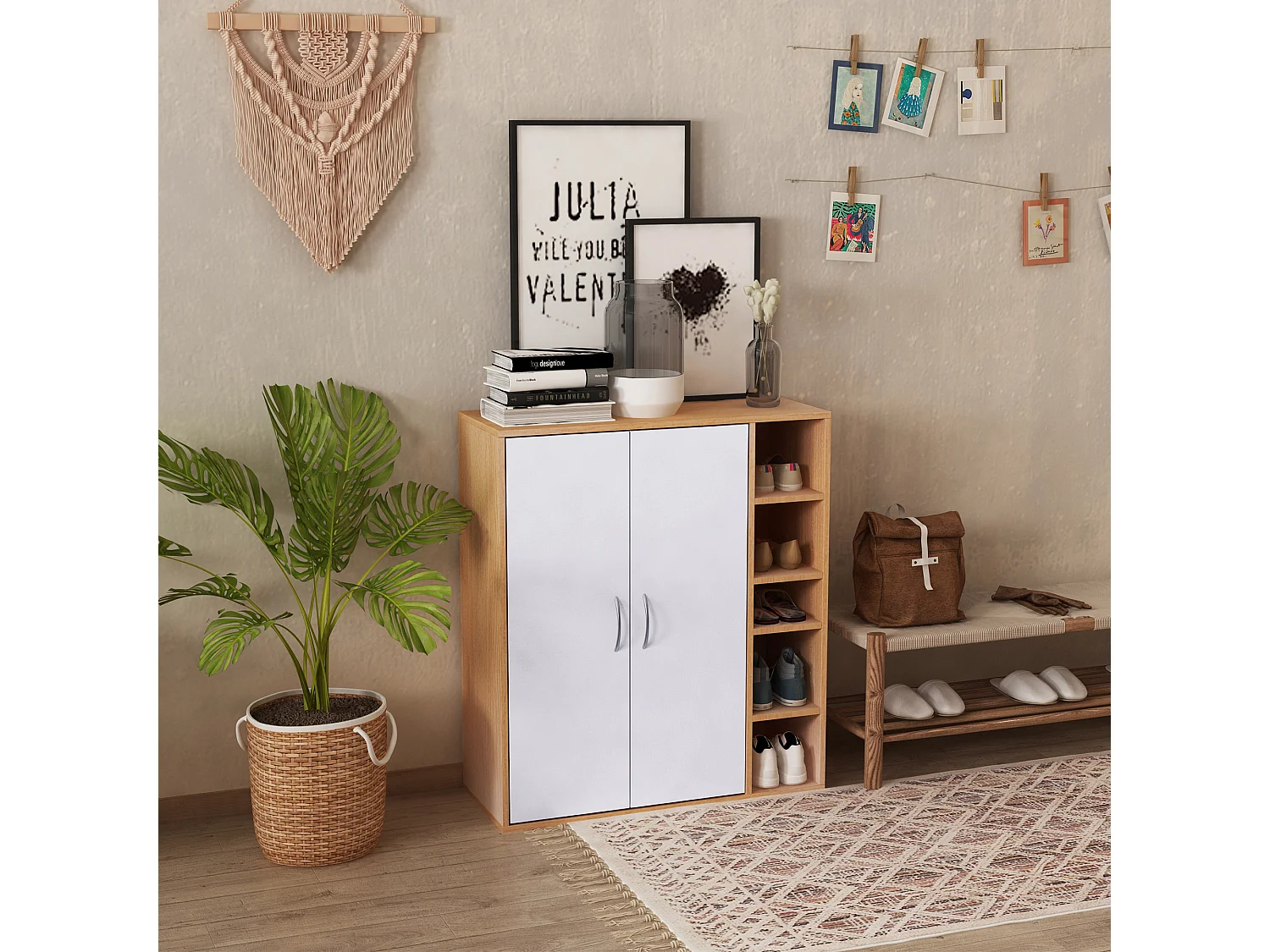 Scarpiera slim da parete con 2 ante e ripiani regolabili in legno