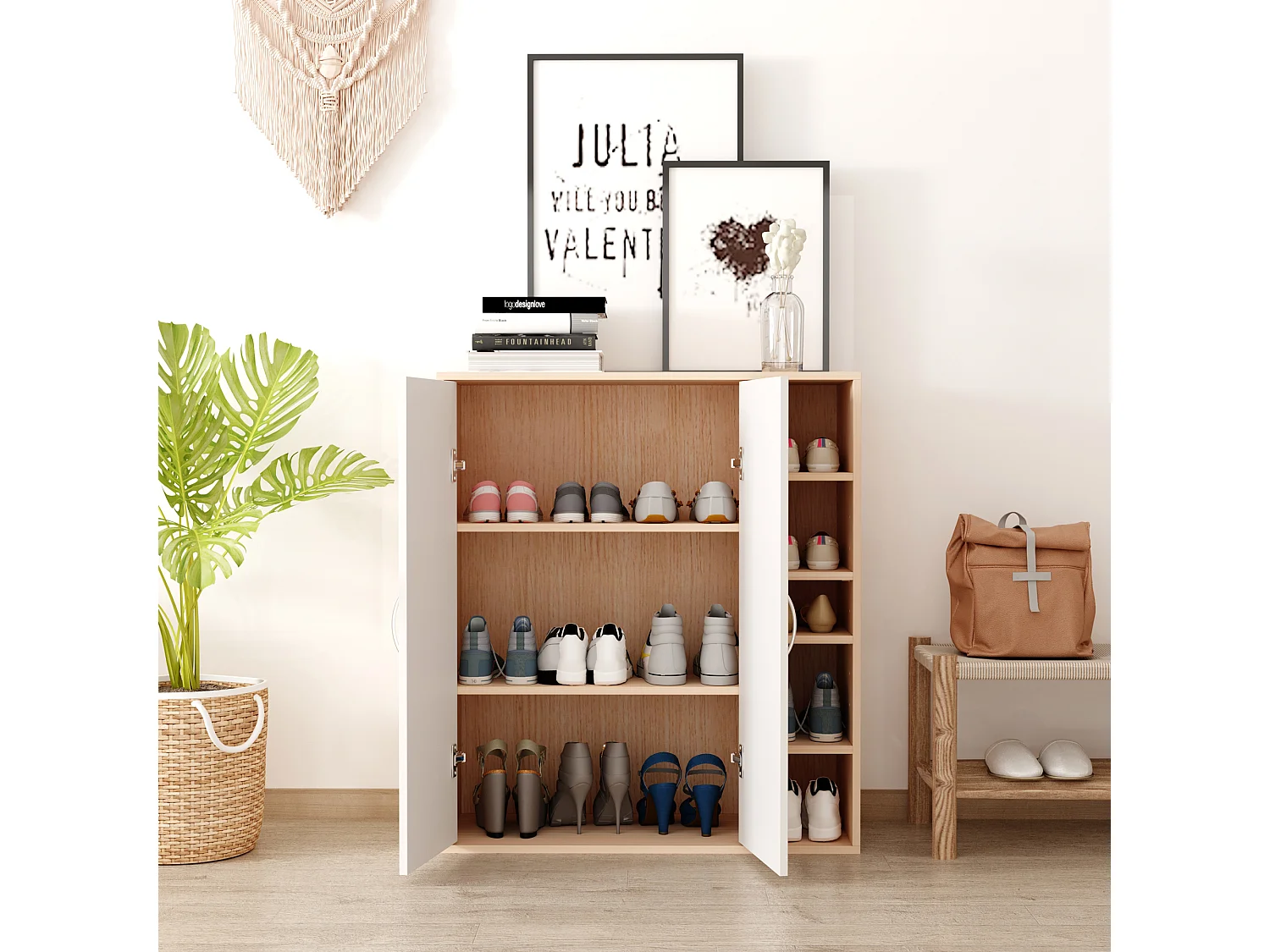 Scarpiera slim da parete con 2 ante e ripiani regolabili in legno