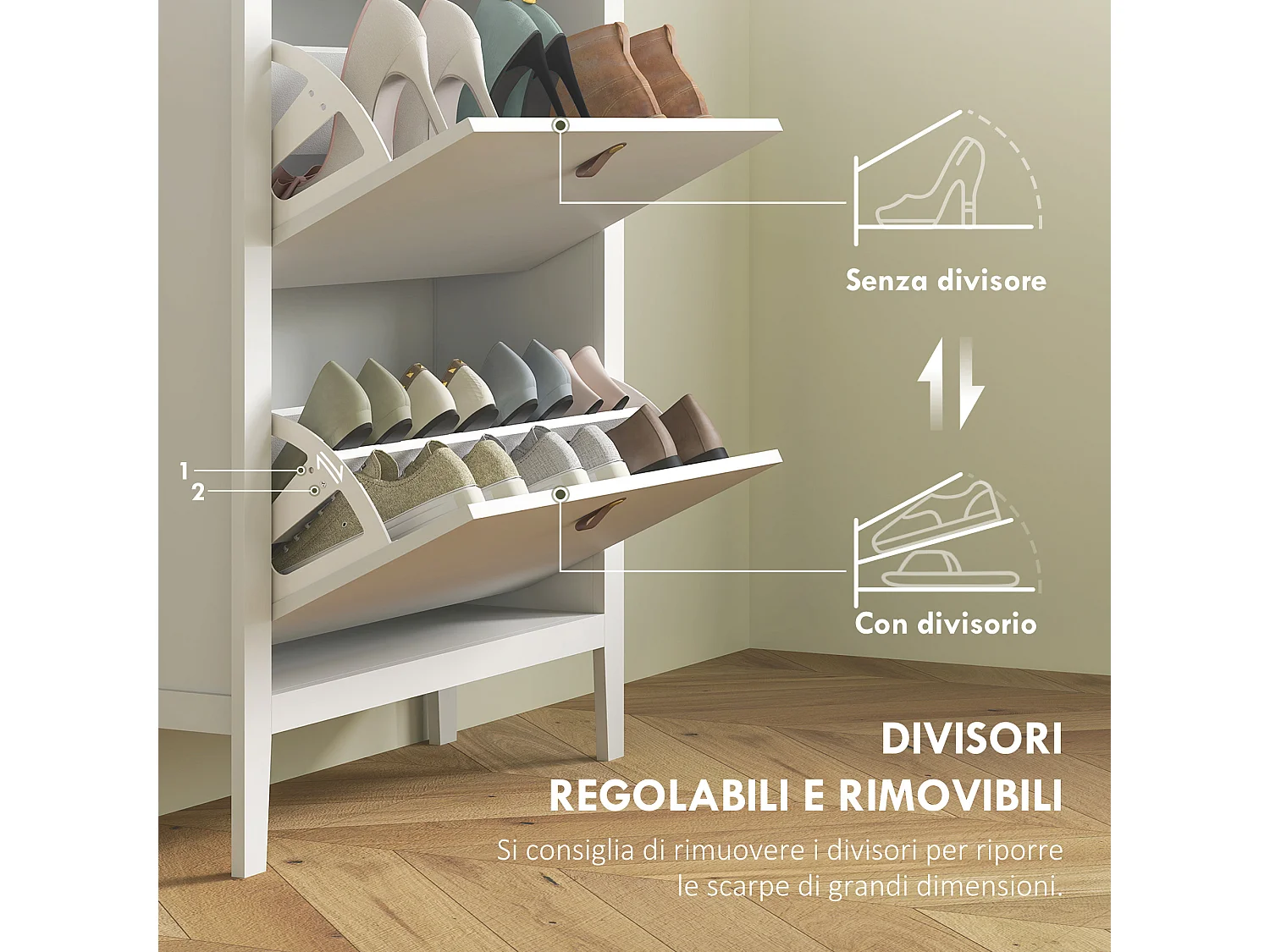 Scarpiera slim a 2 cassetti per 14 paia di scarpe regolabile bianco