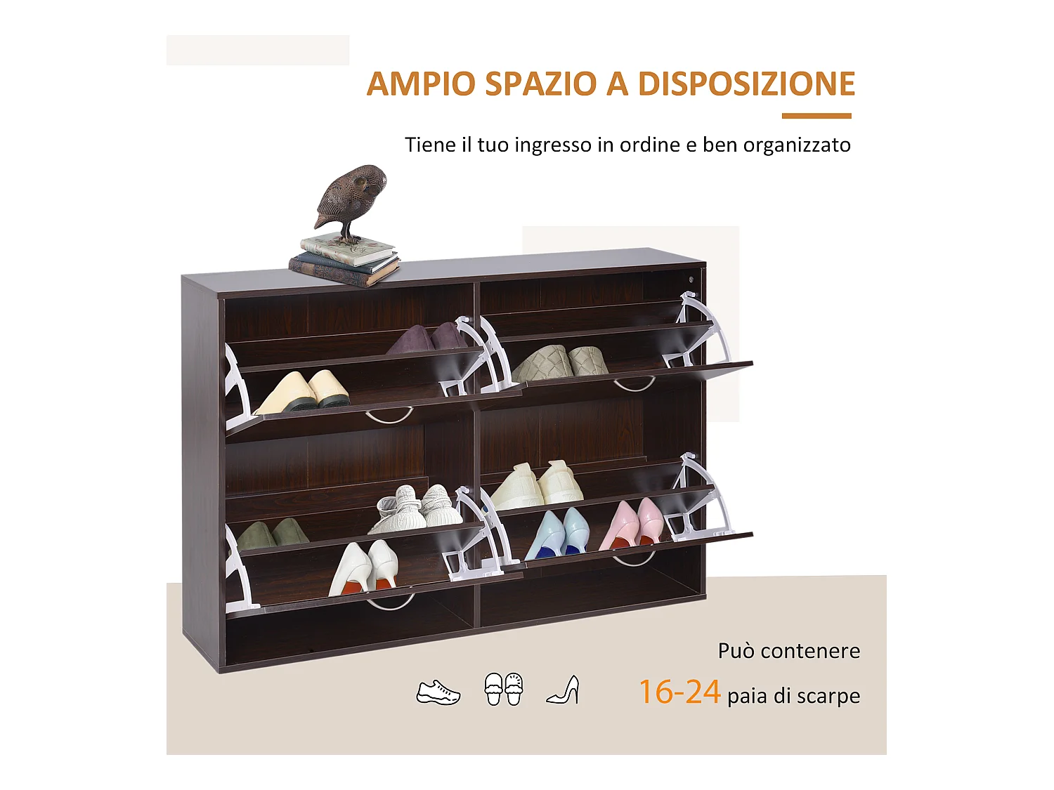 Scarpiera moderna 24 paia con mensole regolabili e 4 cassetti marrone