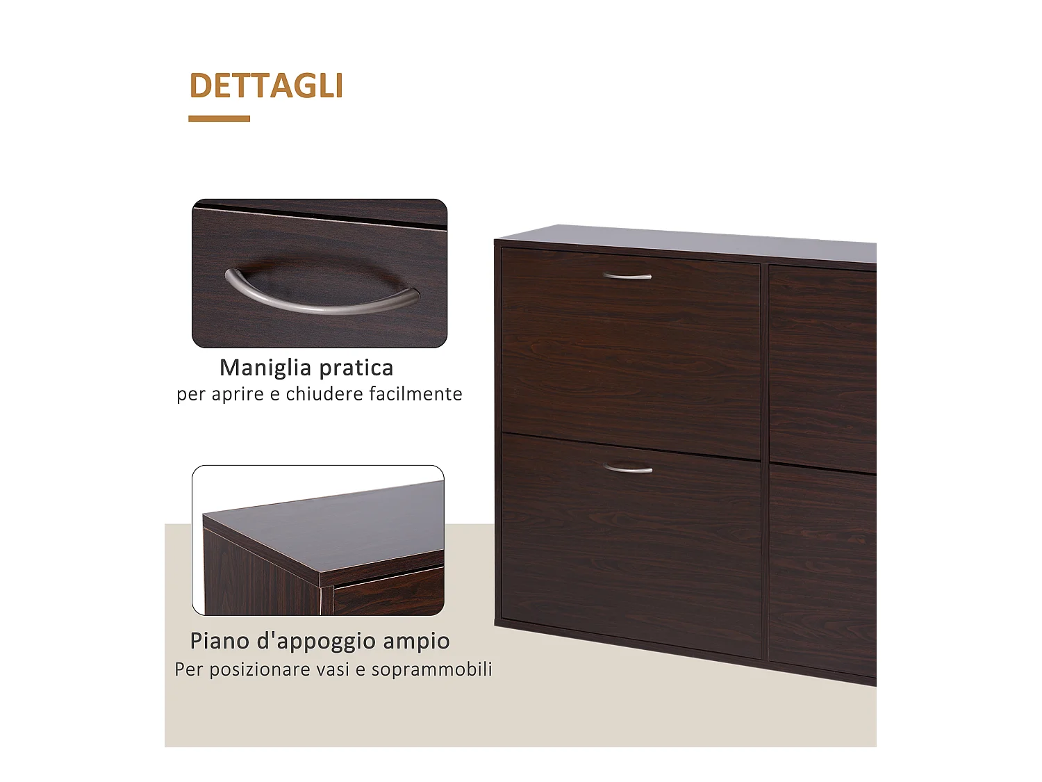 Scarpiera moderna 24 paia con mensole regolabili e 4 cassetti marrone