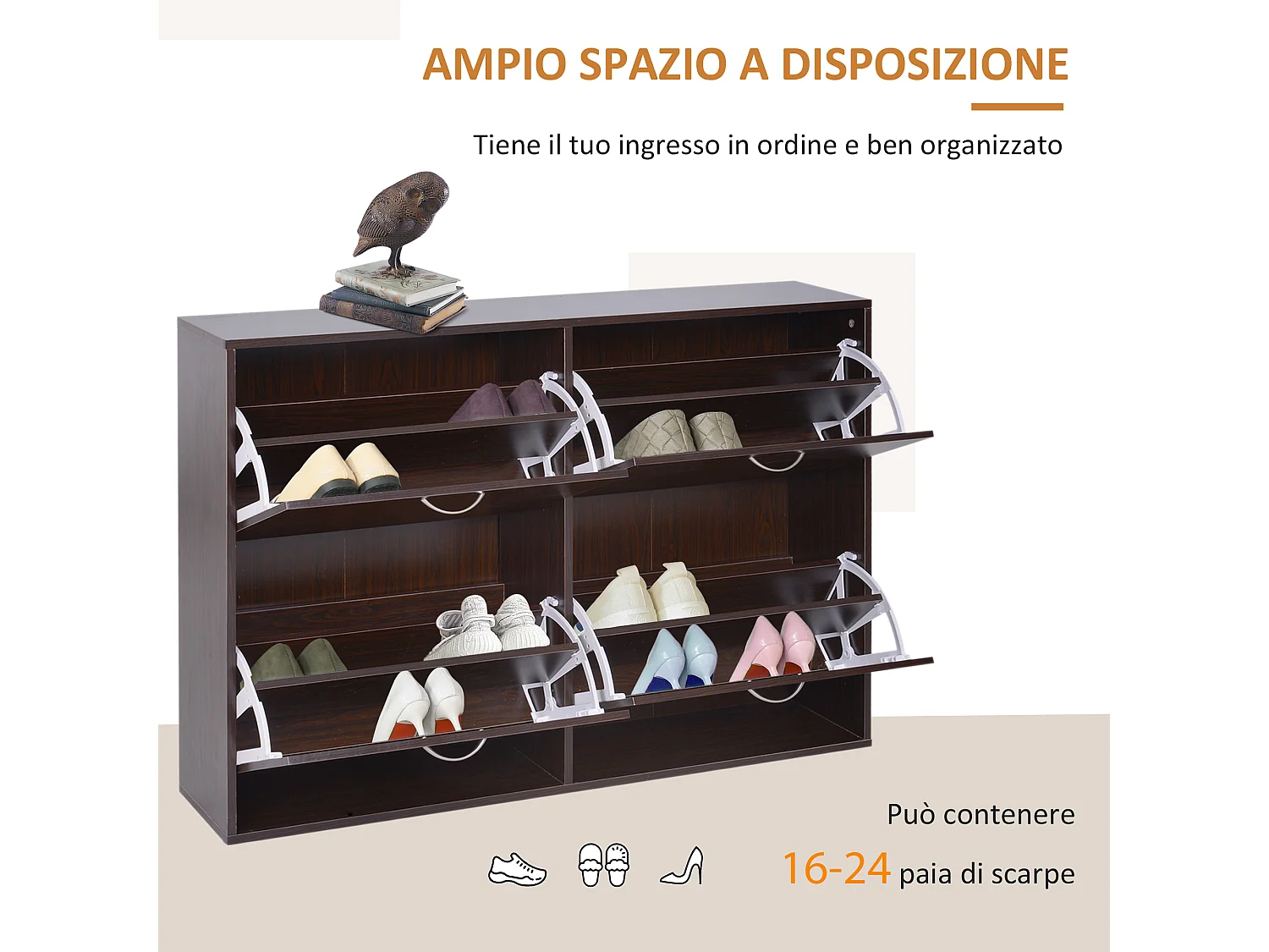 Scarpiera moderna 24 paia con mensole regolabili e 4 cassetti marrone