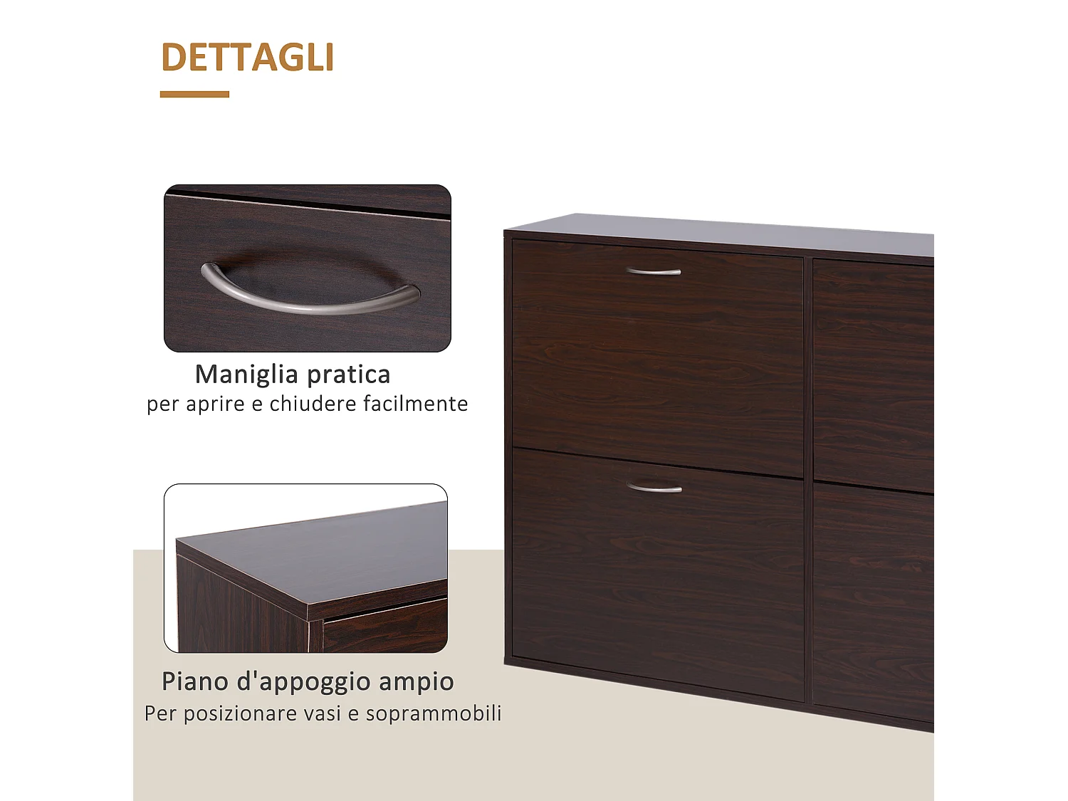 Scarpiera moderna 24 paia con mensole regolabili e 4 cassetti marrone