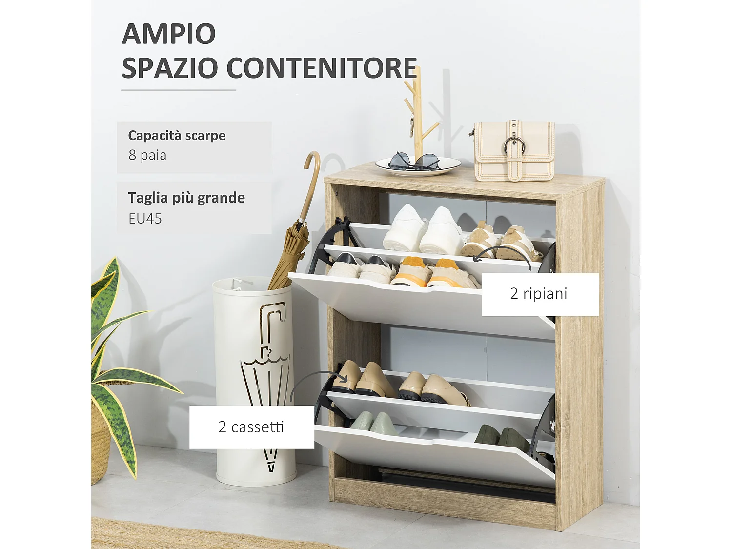 Mobile scarpiera salvaspazio con 2 cassetti per 8 paia di scarpe