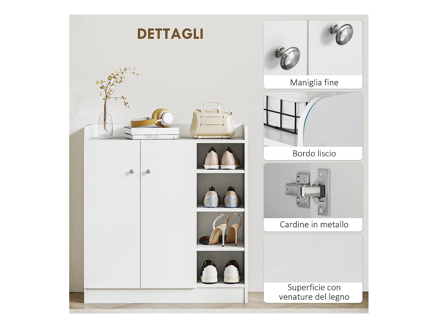 Armadio scarpiera salvaspazio moderna in 4 ripiani aperti bianca