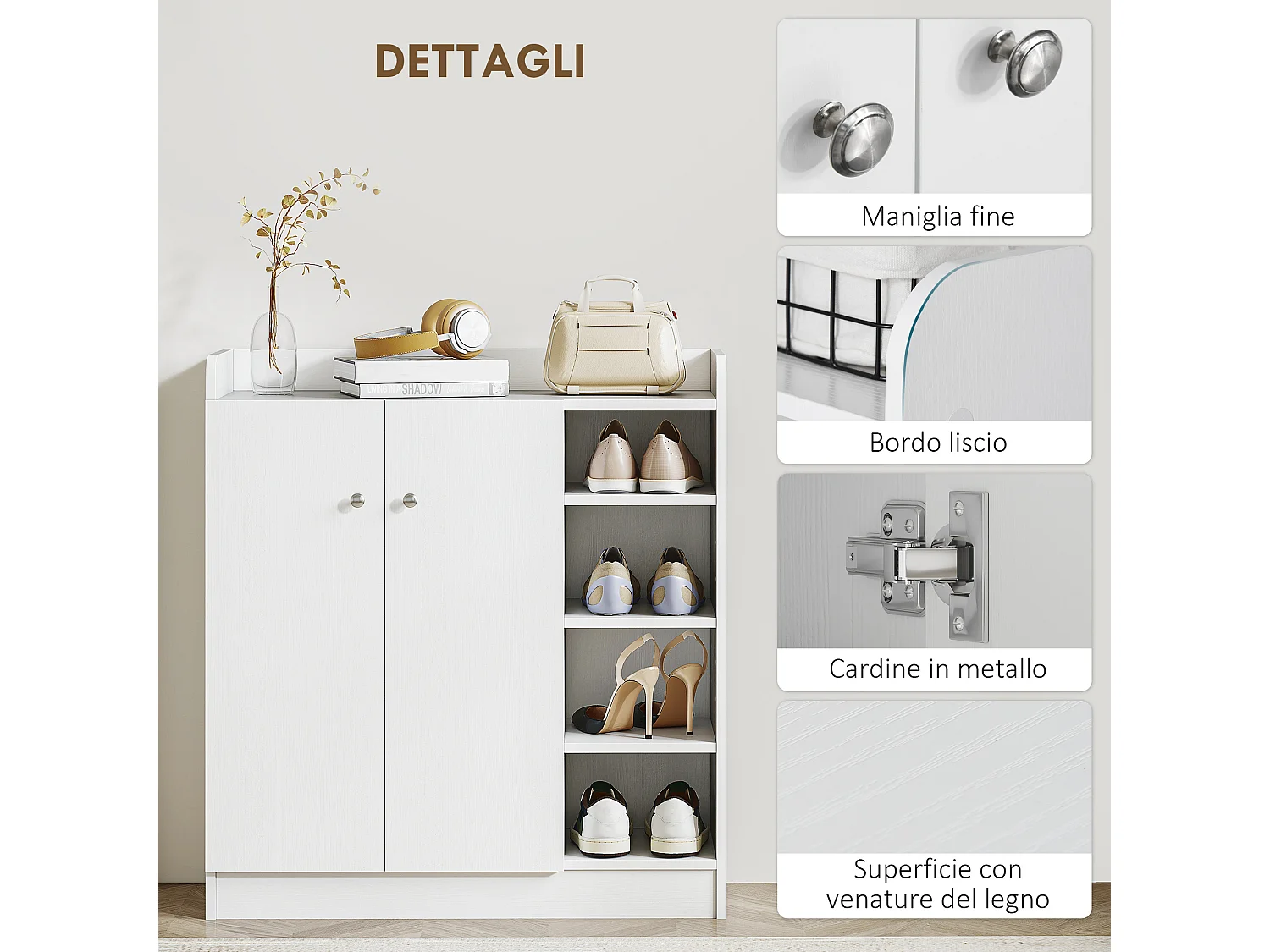 Armadio scarpiera salvaspazio moderna in 4 ripiani aperti bianca