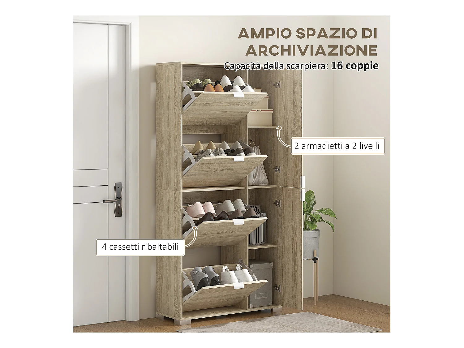 Scarpiera con specchio per 16 paia di scarpe colore rovere