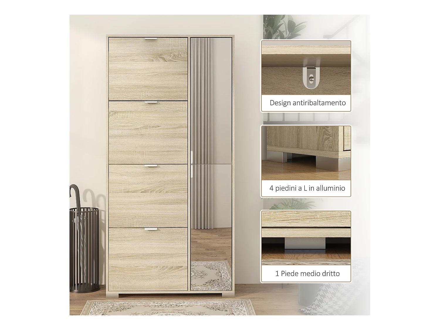 Scarpiera con specchio per 16 paia di scarpe colore rovere