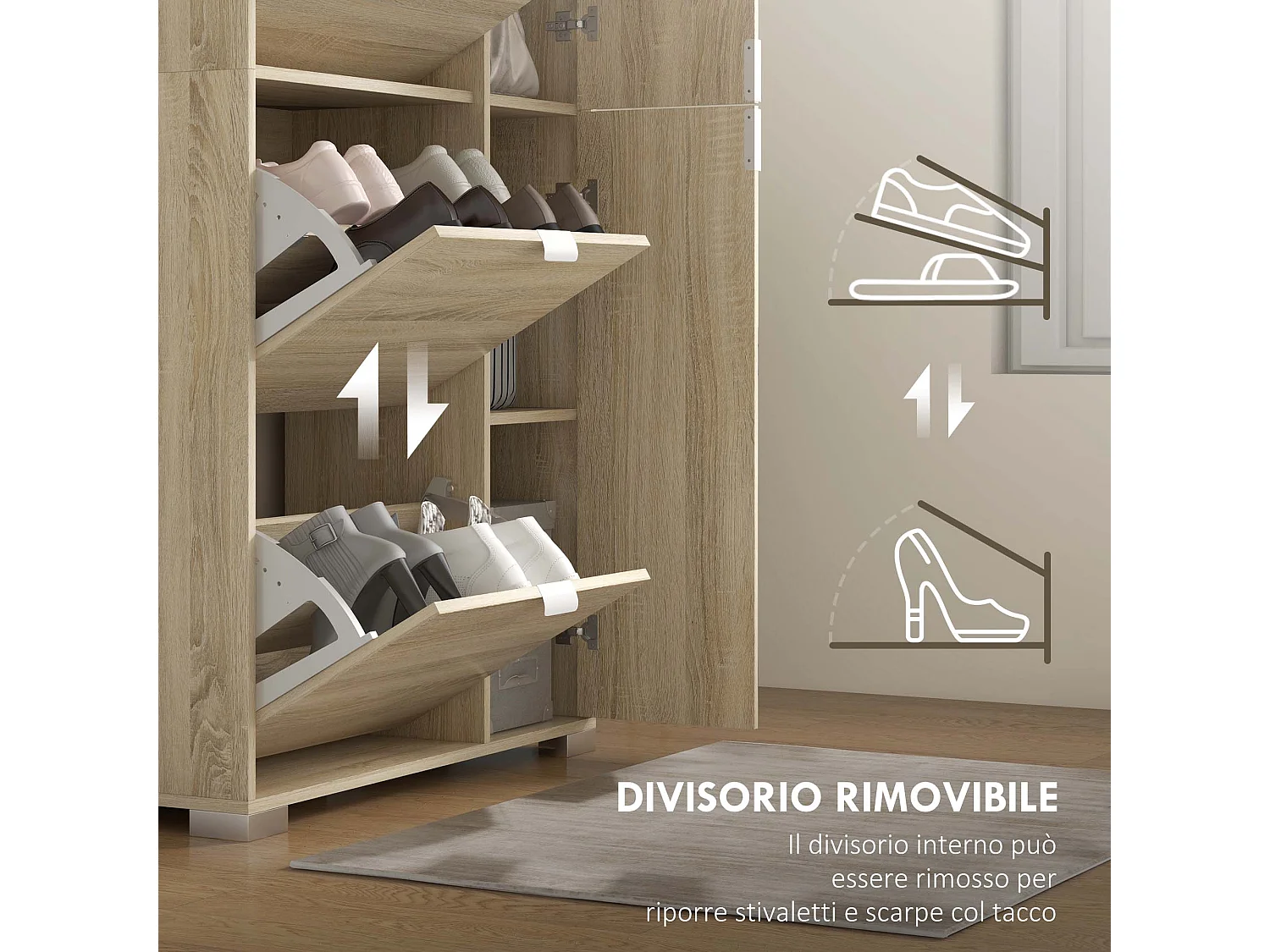 Scarpiera con specchio per 16 paia di scarpe colore rovere