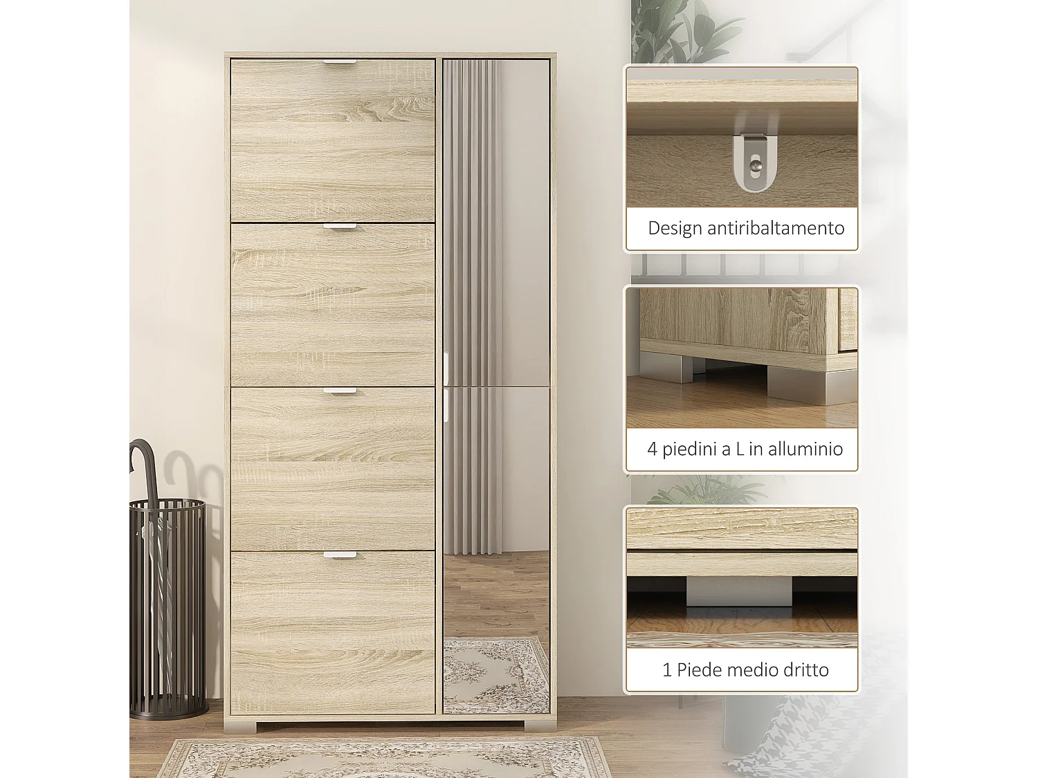 Scarpiera con specchio per 16 paia di scarpe colore rovere