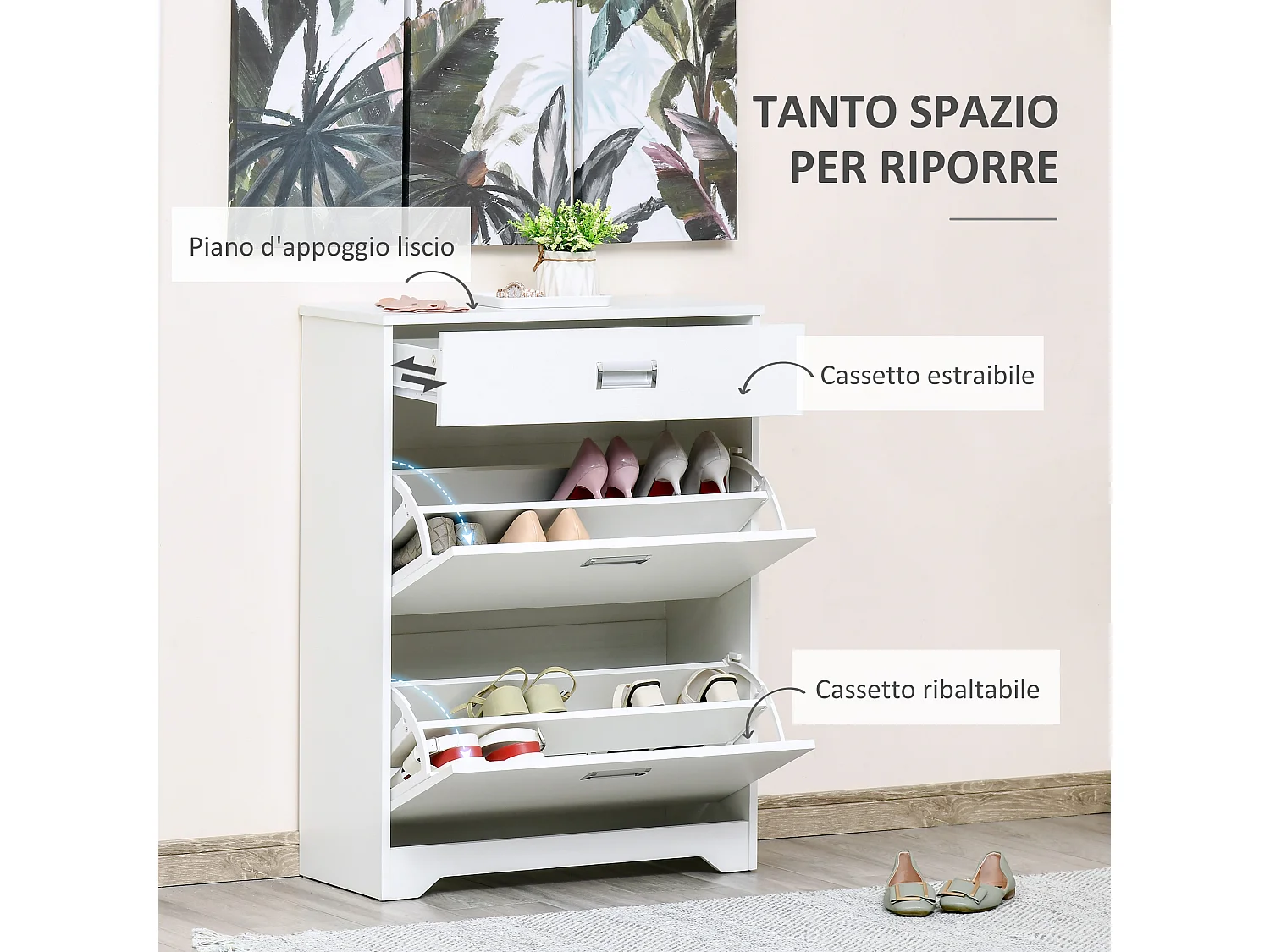 Scarpiera moderna 2 cassetti per 16 scarpe e cassetto piccolo