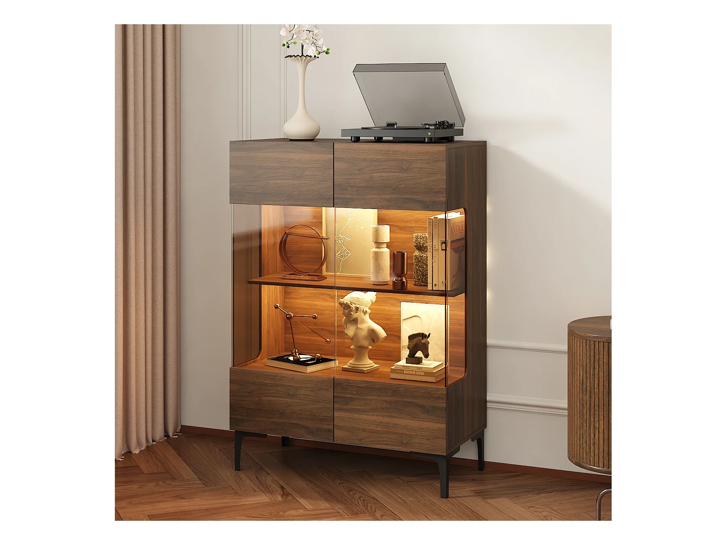 Vitrine avec 2 Portes en Verre, 4 Étagères et Pieds en Métal, Buffet à Éclairage LED pour Salle de Séjour, 38.2x80x115cm, Marron