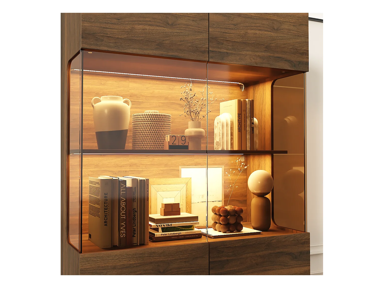 Vitrine avec 2 Portes en Verre, 4 Étagères et Pieds en Métal, Buffet à Éclairage LED pour Salle de Séjour, 38.2x80x115cm, Marron