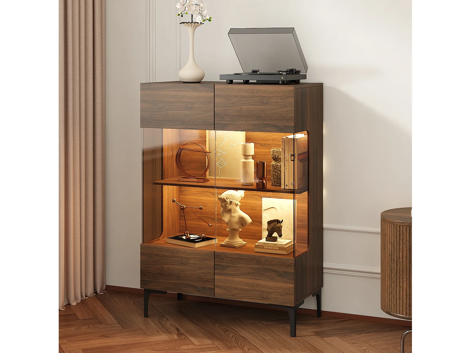 Vitrine avec Lumière LED et 2 Porte en verre - 4 Étagères, 40x80x115, Marron