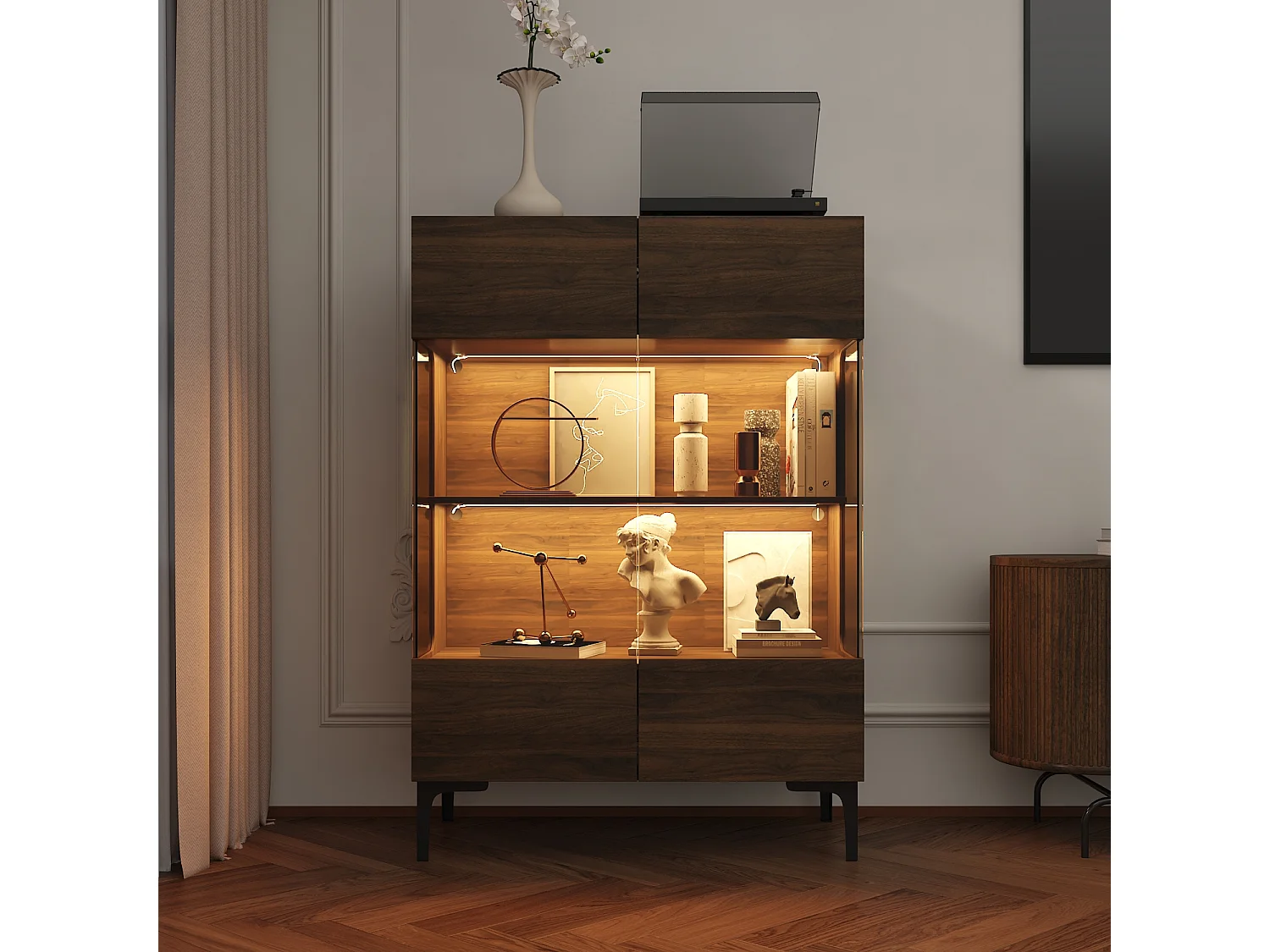 Vitrine avec Lumière LED et 2 Porte en verre - 4 Étagères, 40x80x115, Marron
