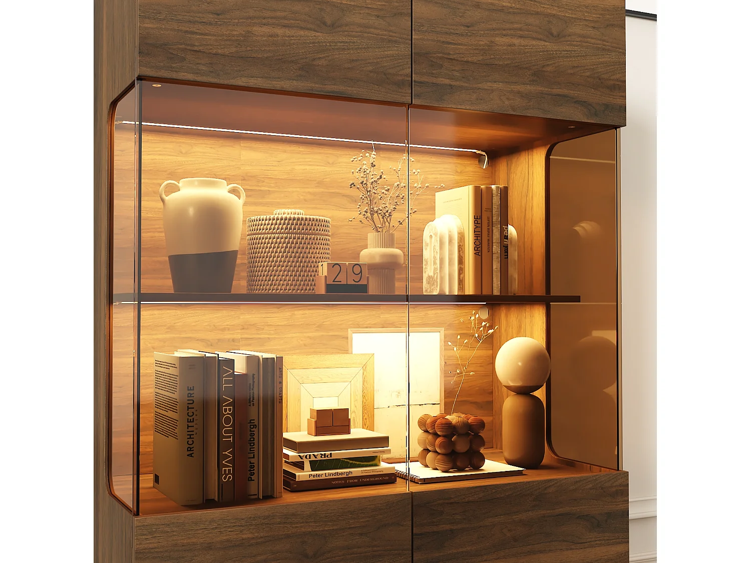 Vitrine avec Lumière LED et 2 Porte en verre - 4 Étagères, 40x80x115, Marron