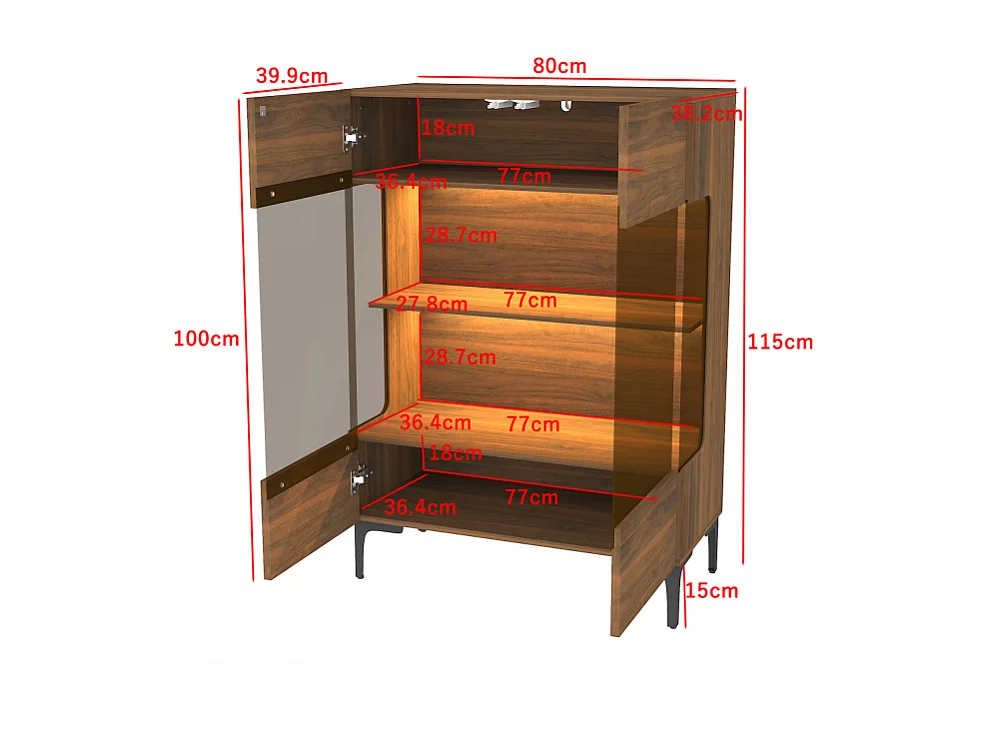 Vitrine avec Lumière LED et 2 Porte en verre - 4 Étagères, 40x80x115, Marron
