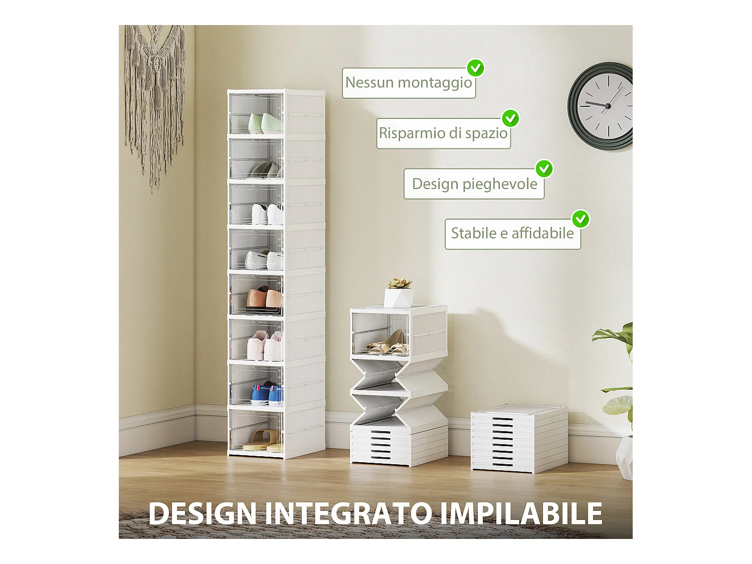 Scarpiera a 8 contenitori impilabili e pieghevoli bianco