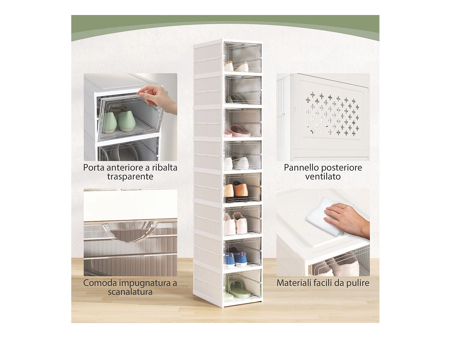 Scarpiera a 8 contenitori impilabili e pieghevoli bianco