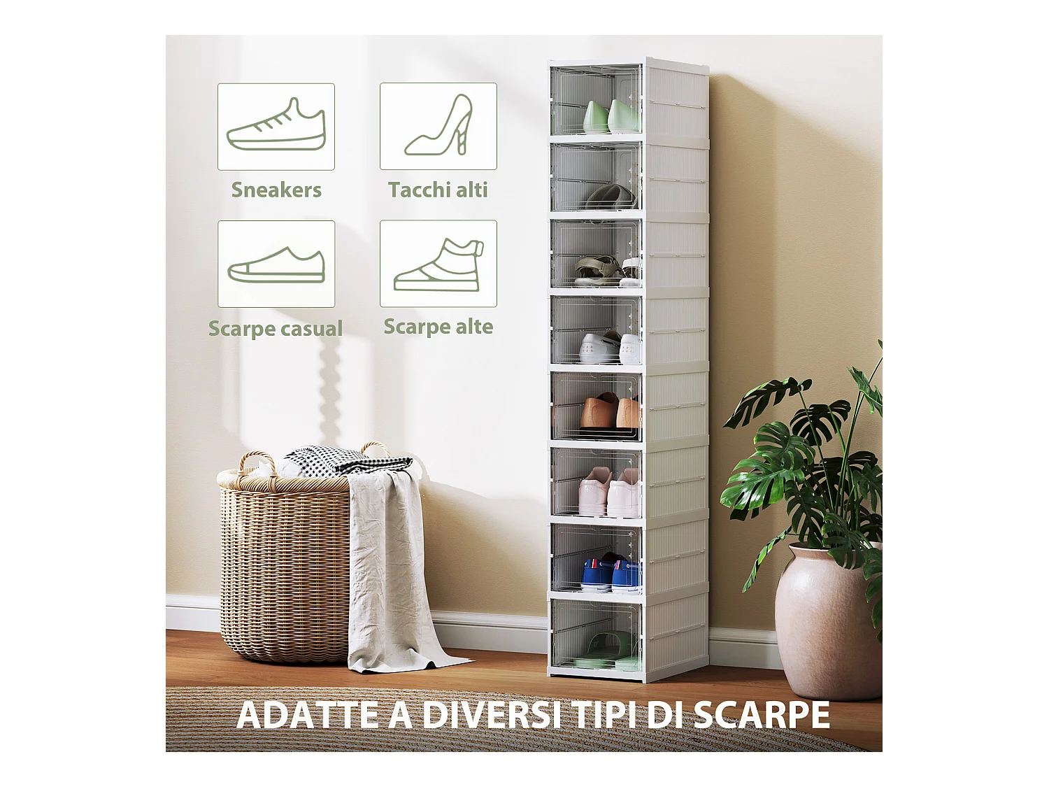 Scarpiera a 8 contenitori impilabili e pieghevoli bianco