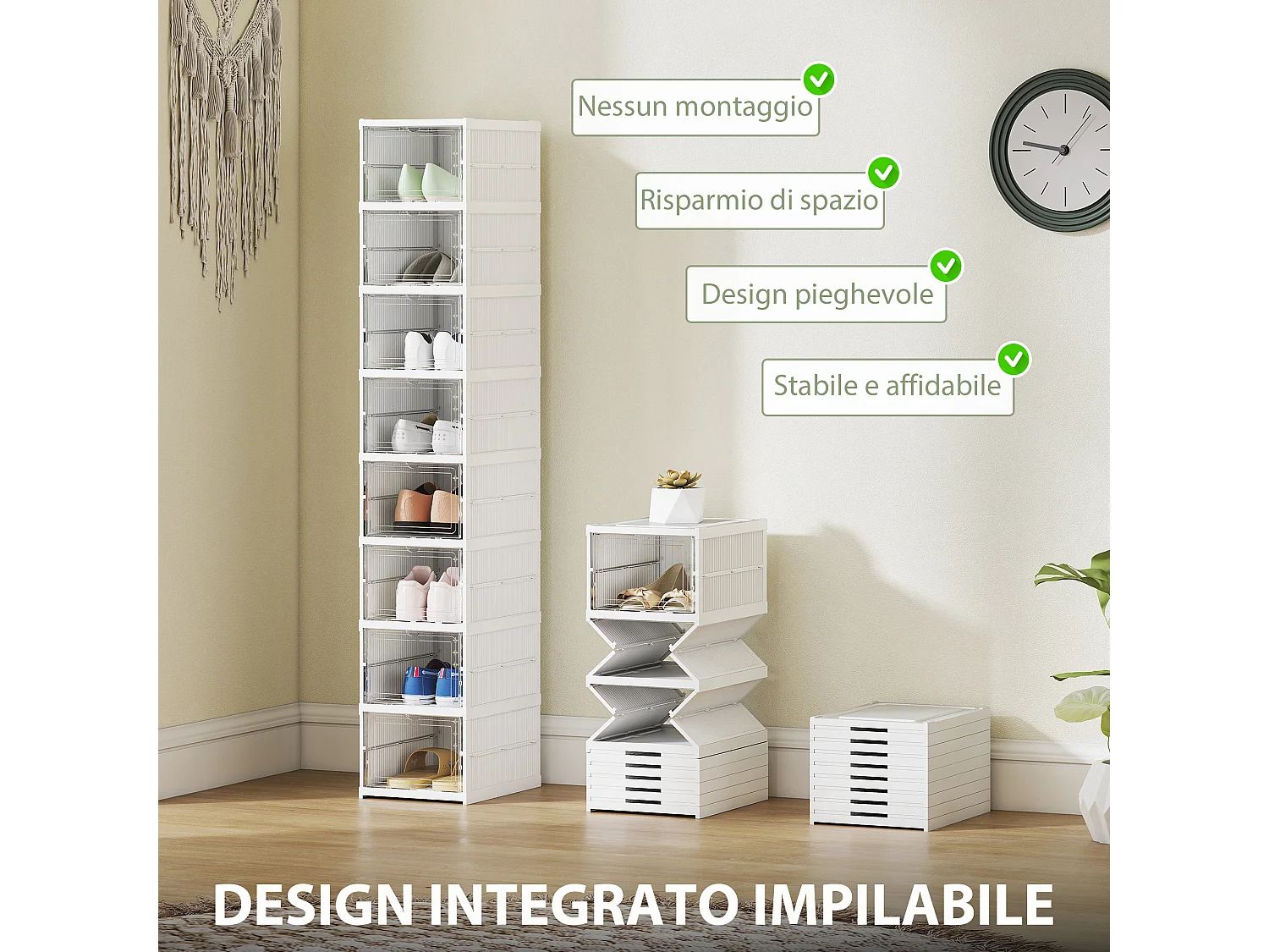 Scarpiera a 8 contenitori impilabili e pieghevoli bianco