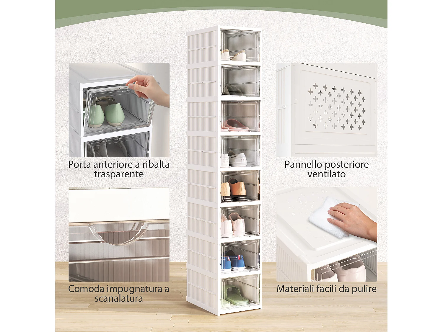 Scarpiera a 8 contenitori impilabili e pieghevoli bianco