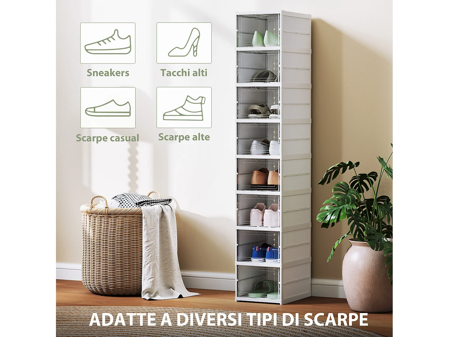 Scarpiera a 8 contenitori impilabili e pieghevoli bianco