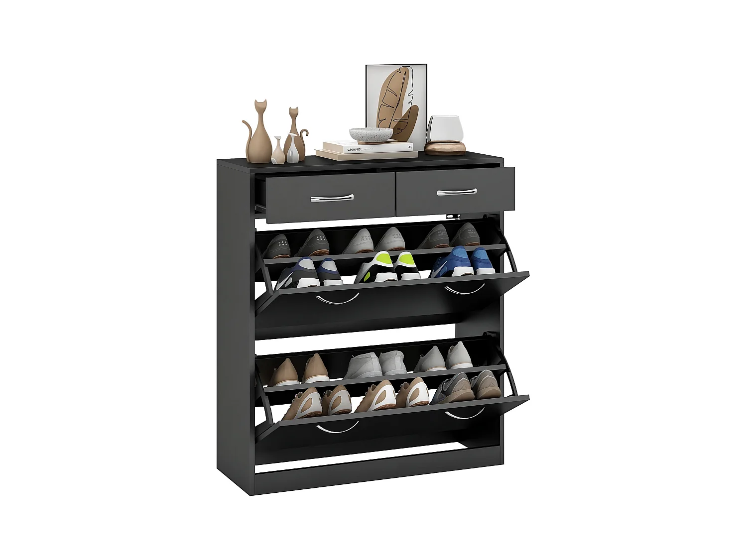 Scarpiera moderna con 2 ripiani regolabili e 2 cassetti in legno nero