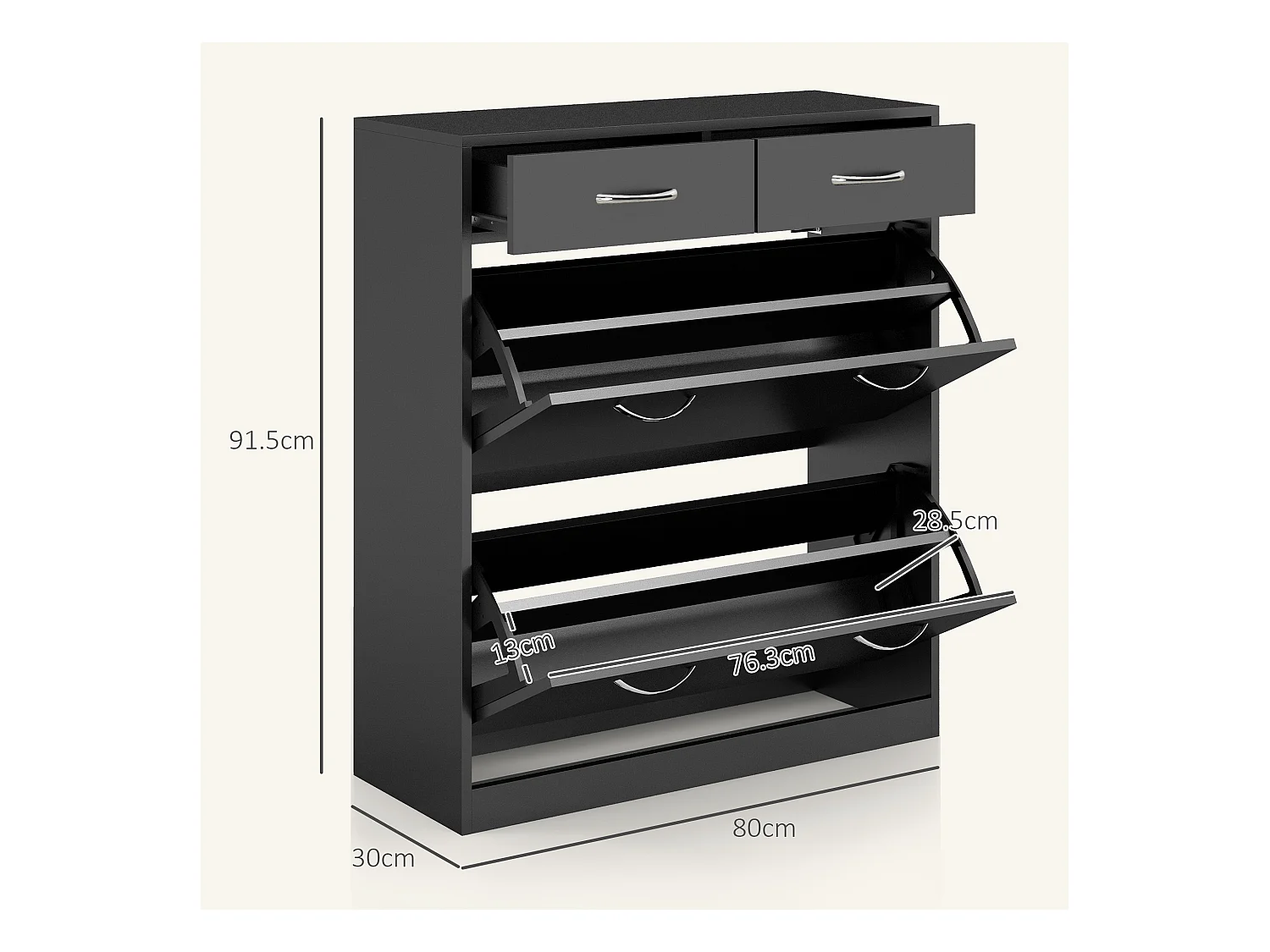 Scarpiera moderna con 2 ripiani regolabili e 2 cassetti in legno nero