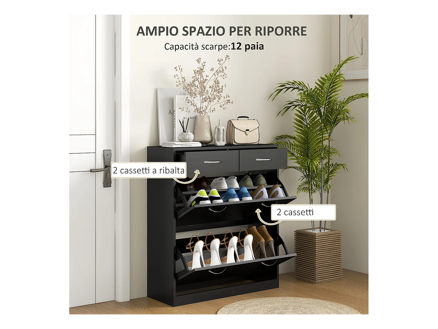 Scarpiera moderna con 2 ripiani regolabili e 2 cassetti in legno nero