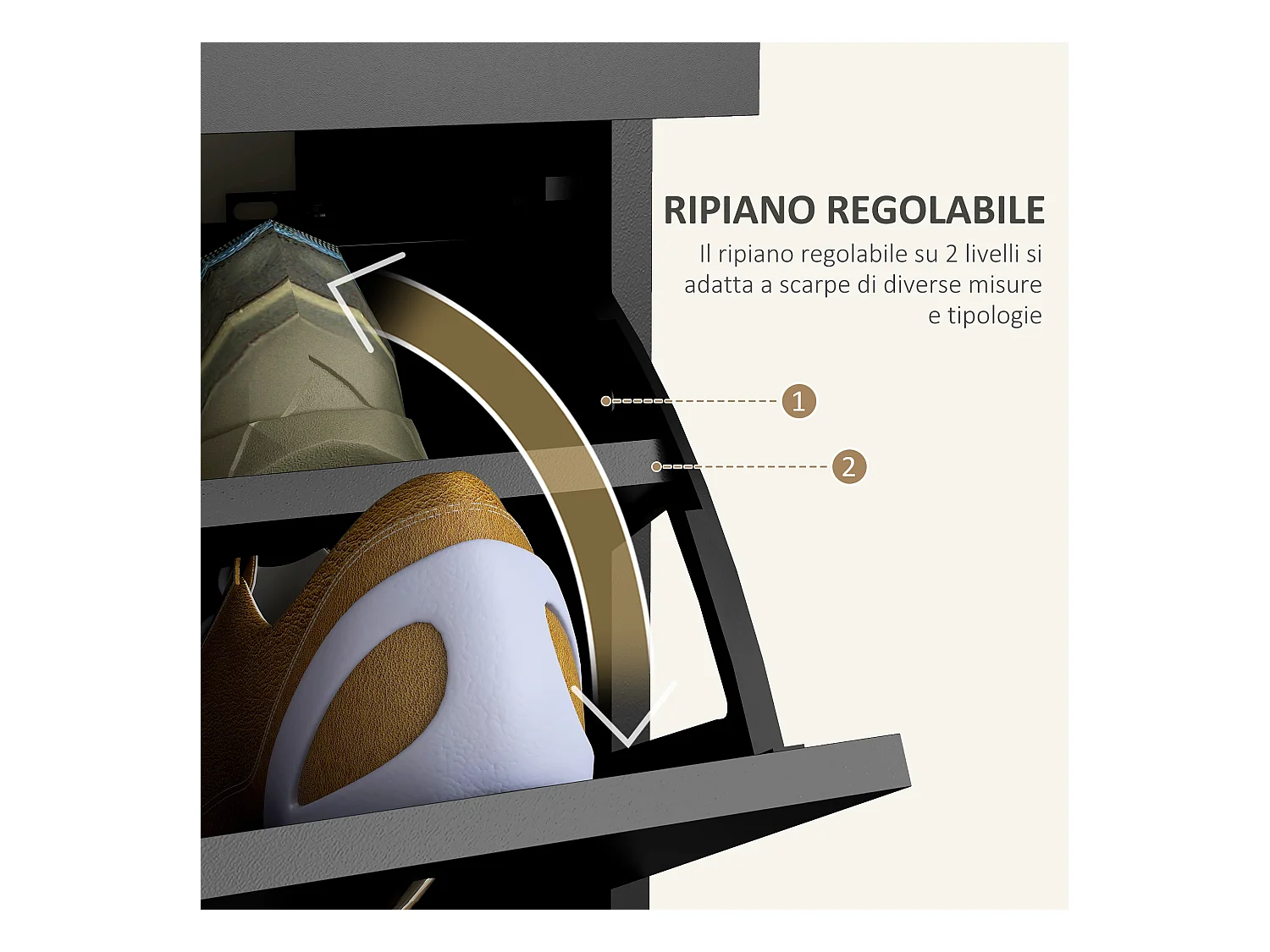 Scarpiera moderna con 2 ripiani regolabili e 2 cassetti in legno nero