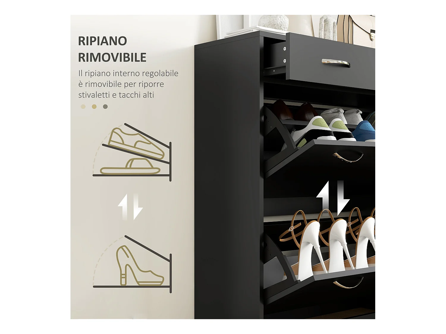 Scarpiera moderna con 2 ripiani regolabili e 2 cassetti in legno nero