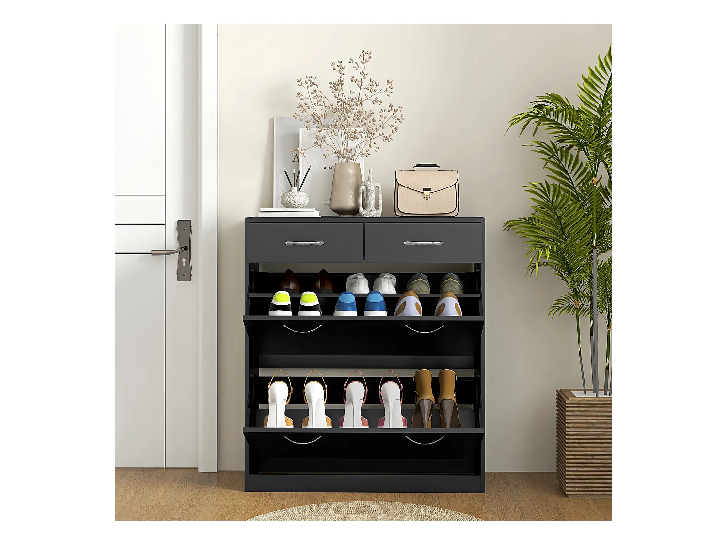 Scarpiera moderna con 2 ripiani regolabili e 2 cassetti in legno nero