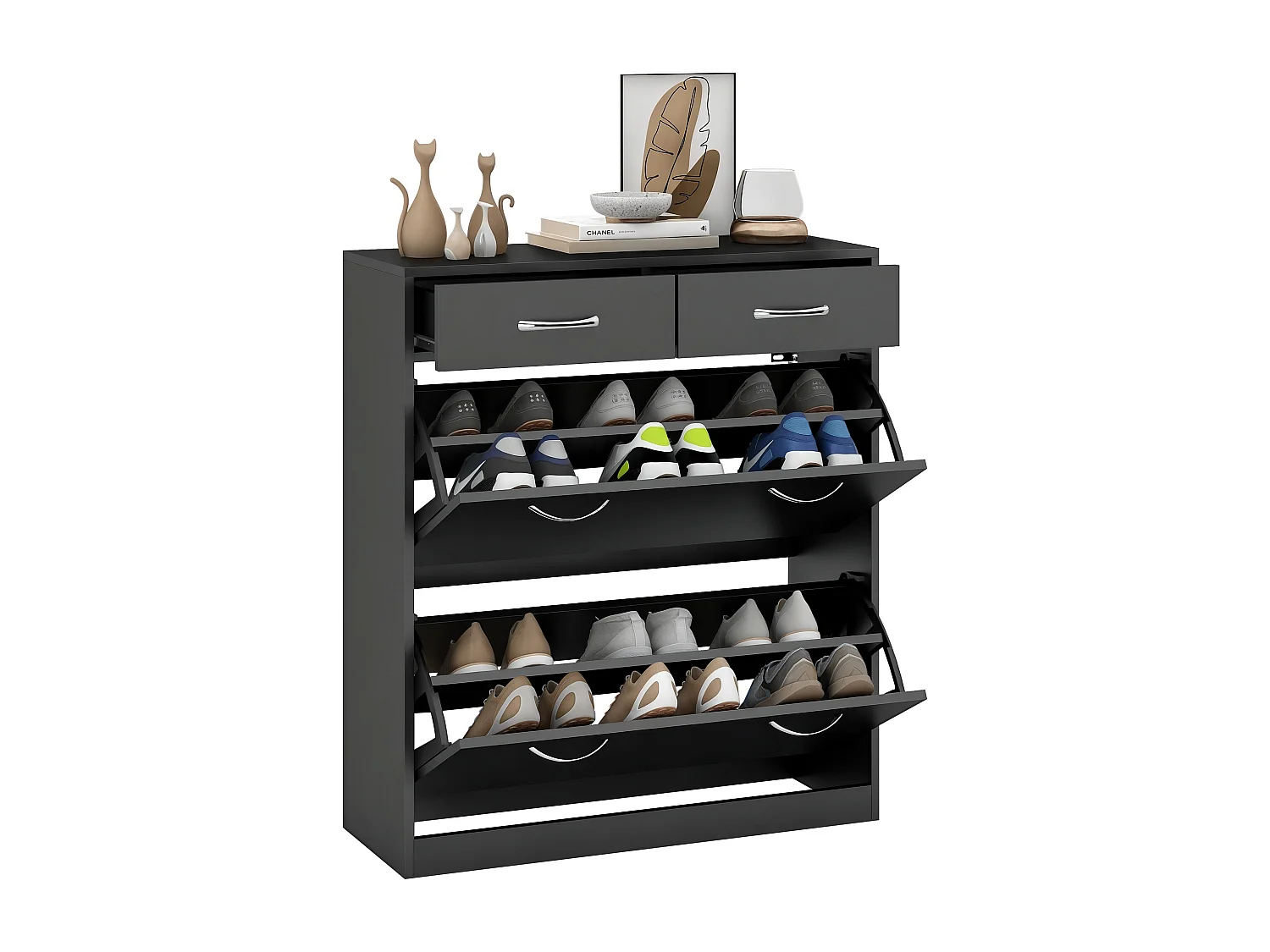 Scarpiera moderna con 2 ripiani regolabili e 2 cassetti in legno nero