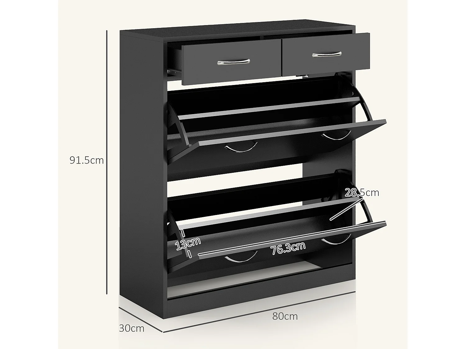 Scarpiera moderna con 2 ripiani regolabili e 2 cassetti in legno nero