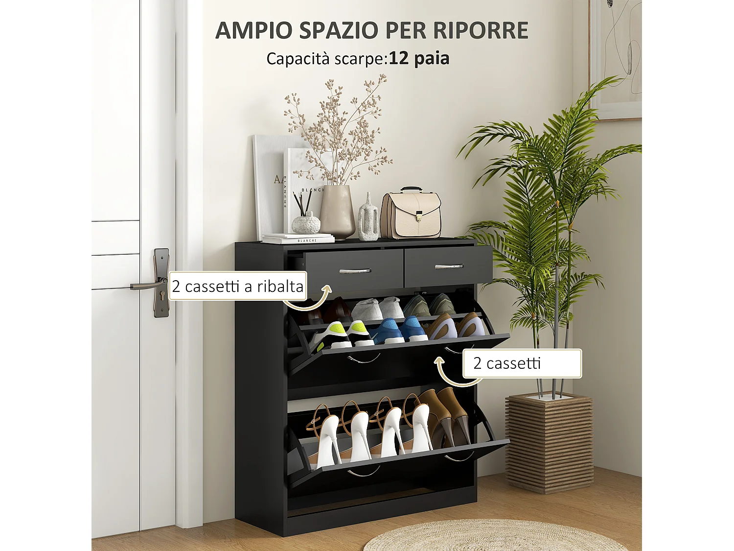 Scarpiera moderna con 2 ripiani regolabili e 2 cassetti in legno nero