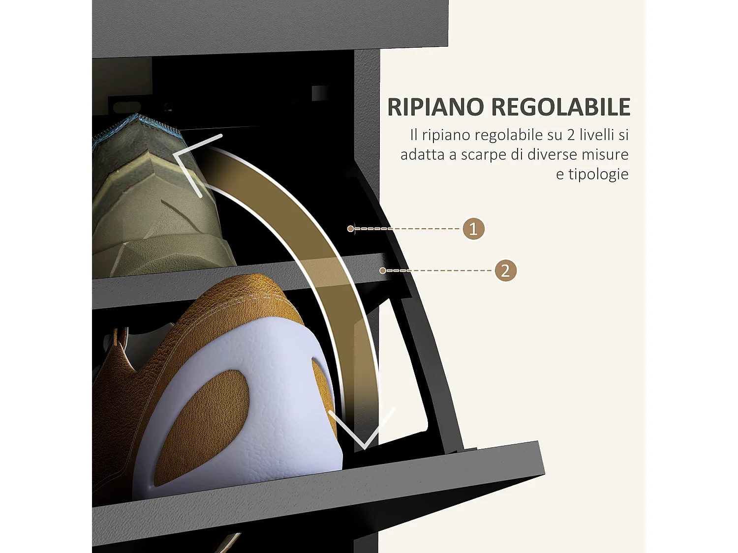 Scarpiera moderna con 2 ripiani regolabili e 2 cassetti in legno nero