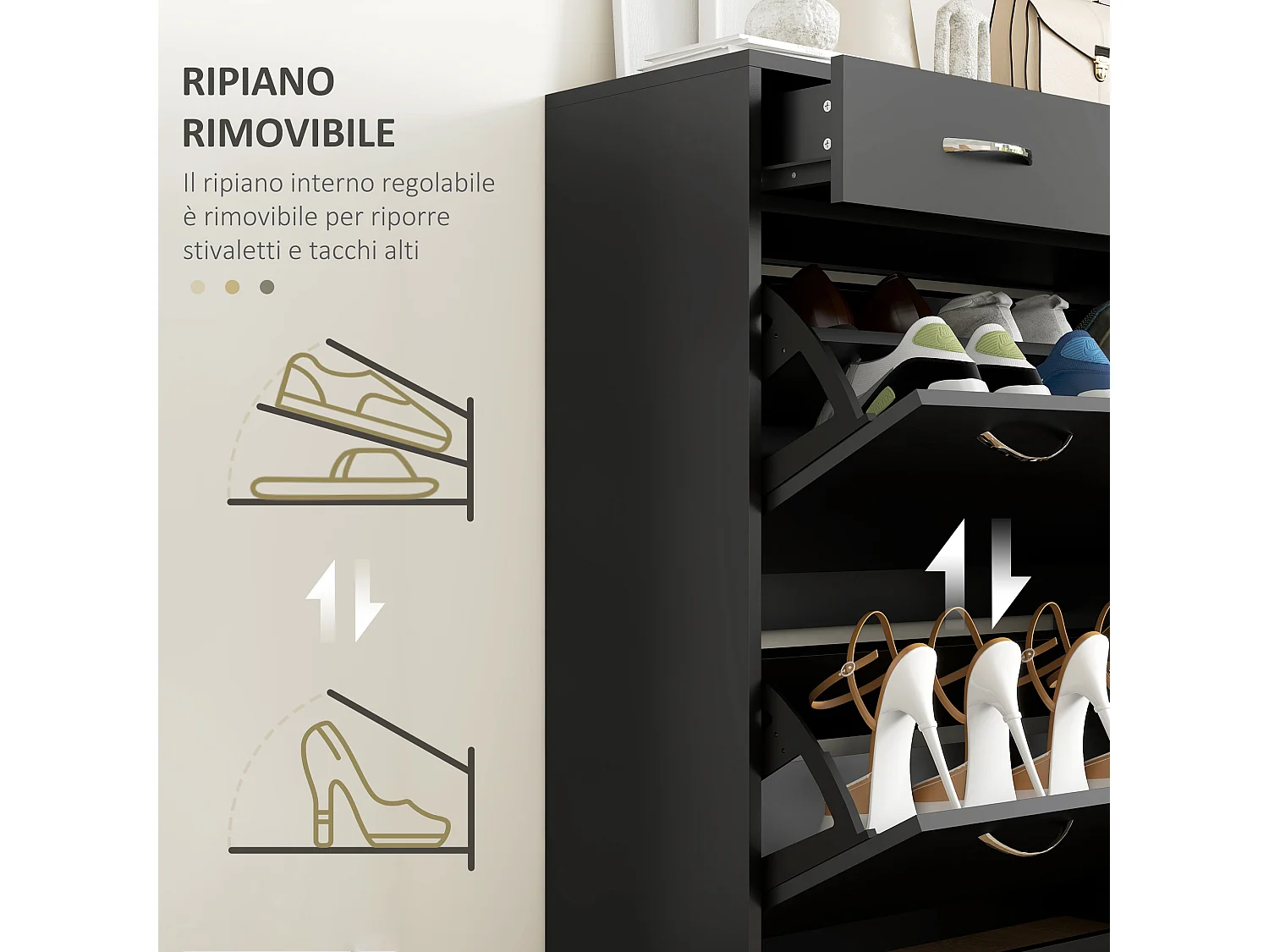 Scarpiera moderna con 2 ripiani regolabili e 2 cassetti in legno nero