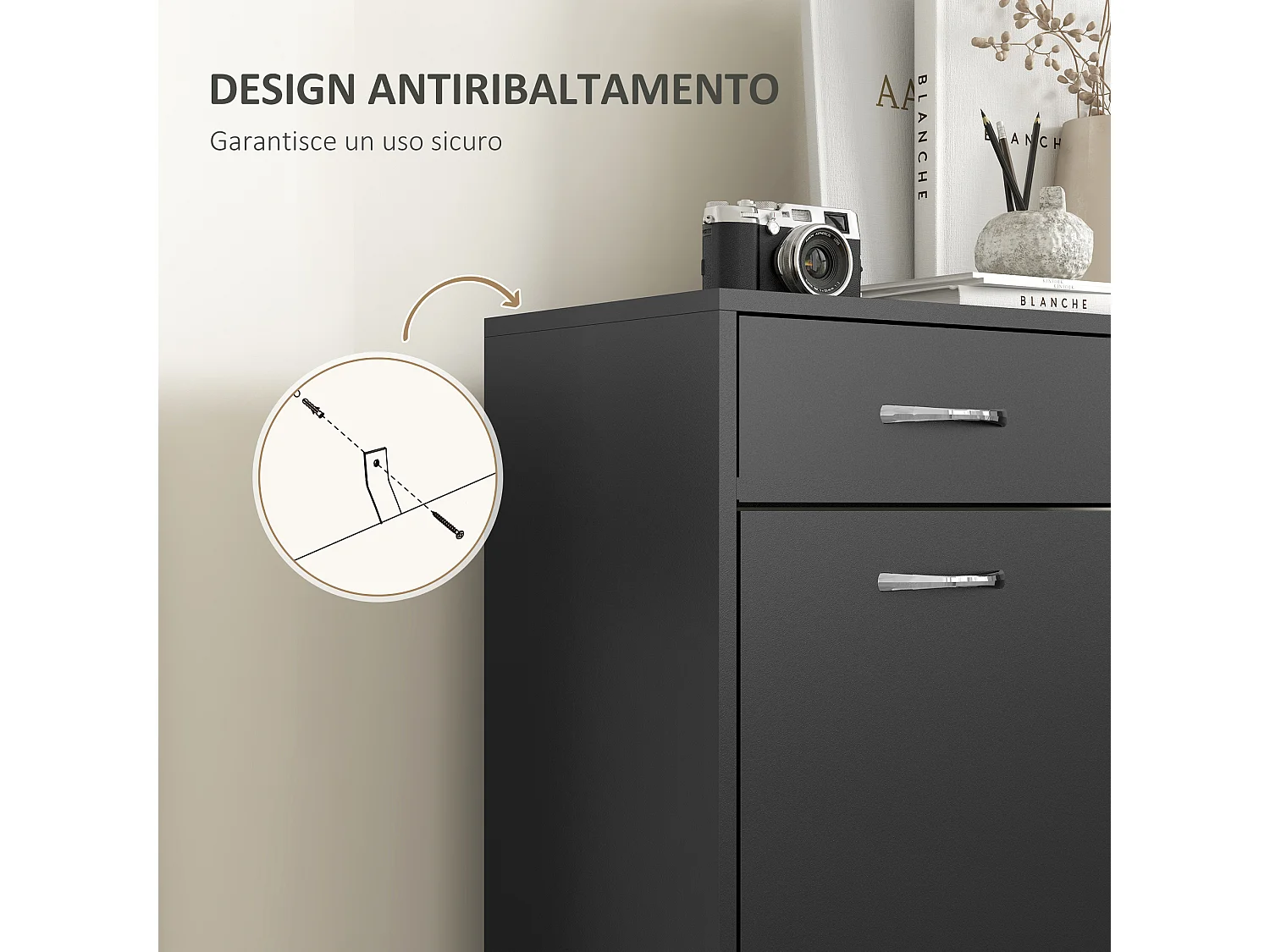 Scarpiera moderna con 2 ripiani regolabili e 2 cassetti in legno nero