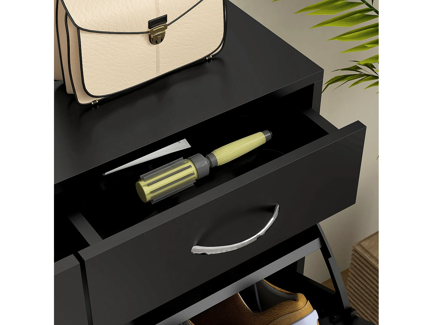 Scarpiera moderna con 2 ripiani regolabili e 2 cassetti in legno nero