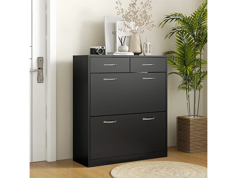 Scarpiera moderna con 2 ripiani regolabili e 2 cassetti in legno nero