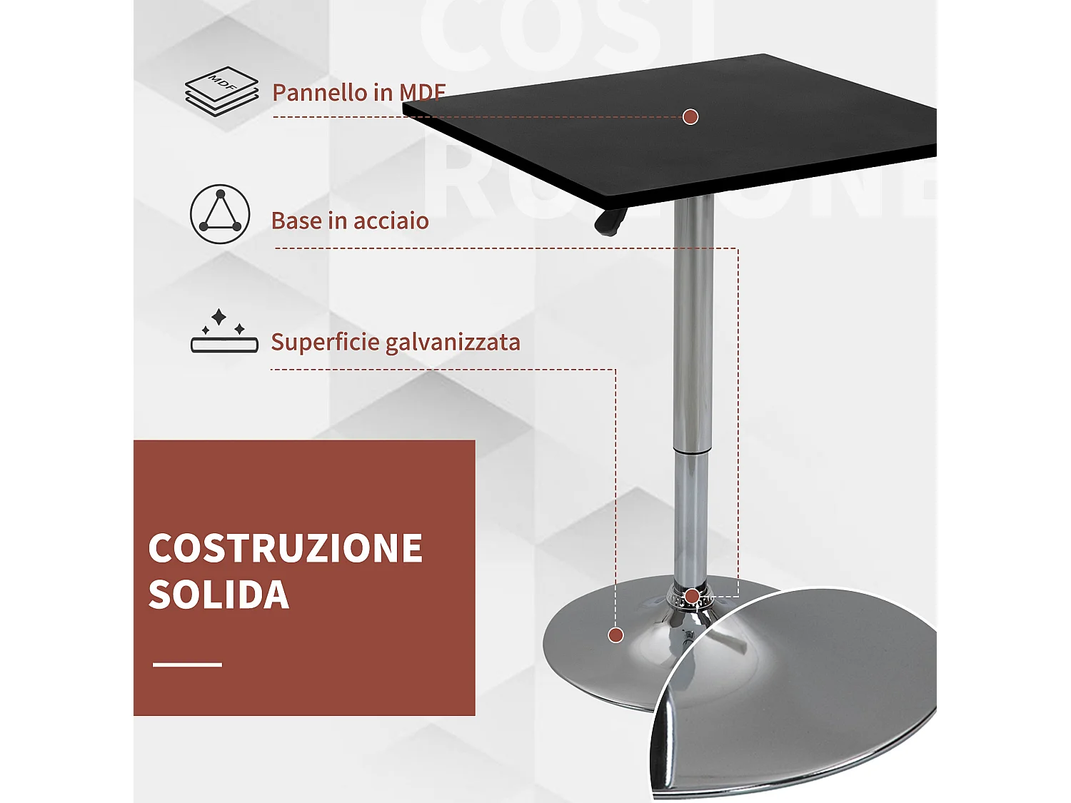Tavolo quadrato regolabile in altezza metallo e mdf nero